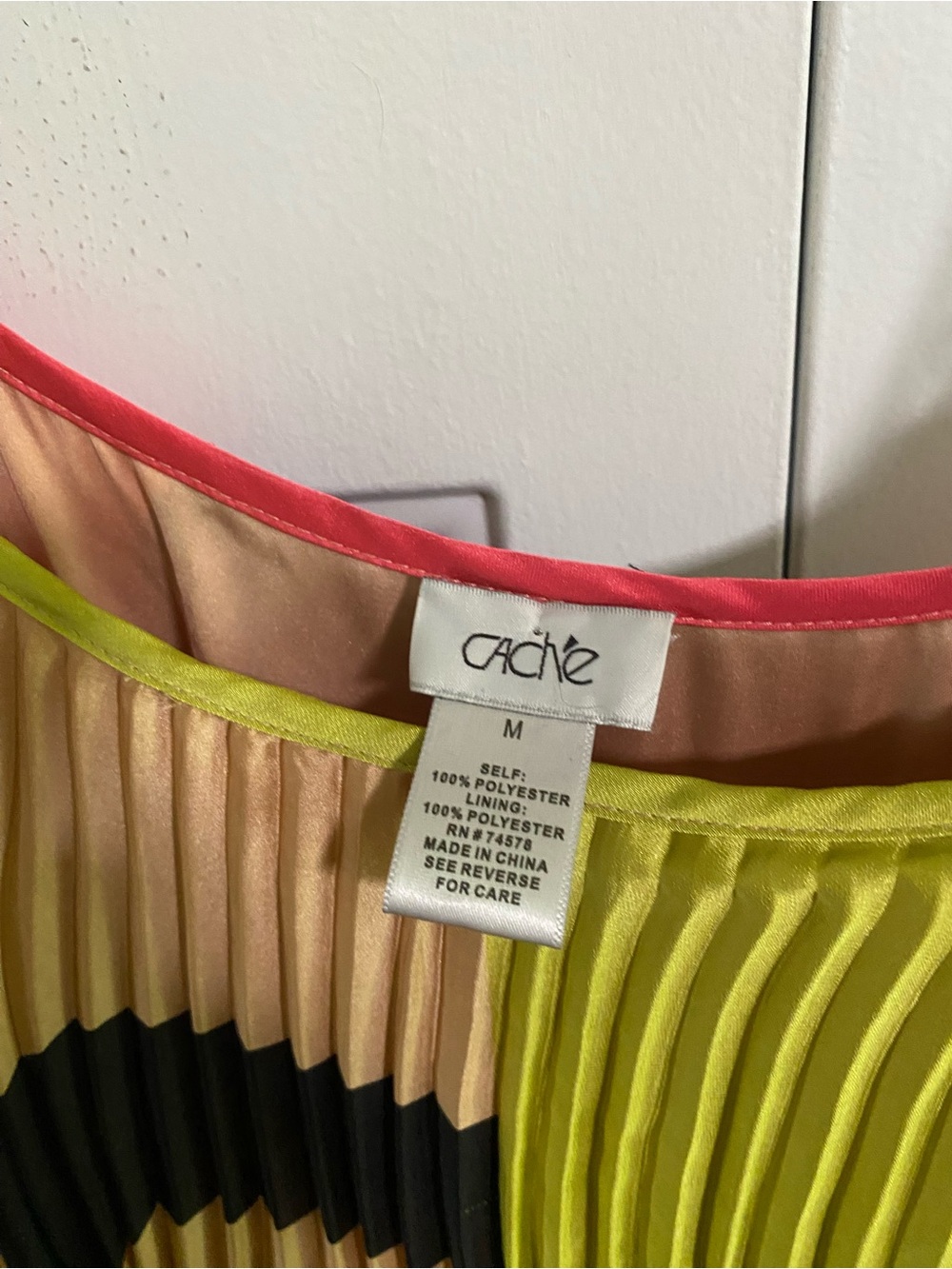 Cache Pleated Hi‑Low Spaghetti Strap Dress in Lime Green, Coral and Black - Picture 6 of 6